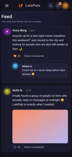 Screenshot of the LatePals feed on a phone