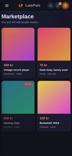 Screenshot of the LatePals marketplace on a phone